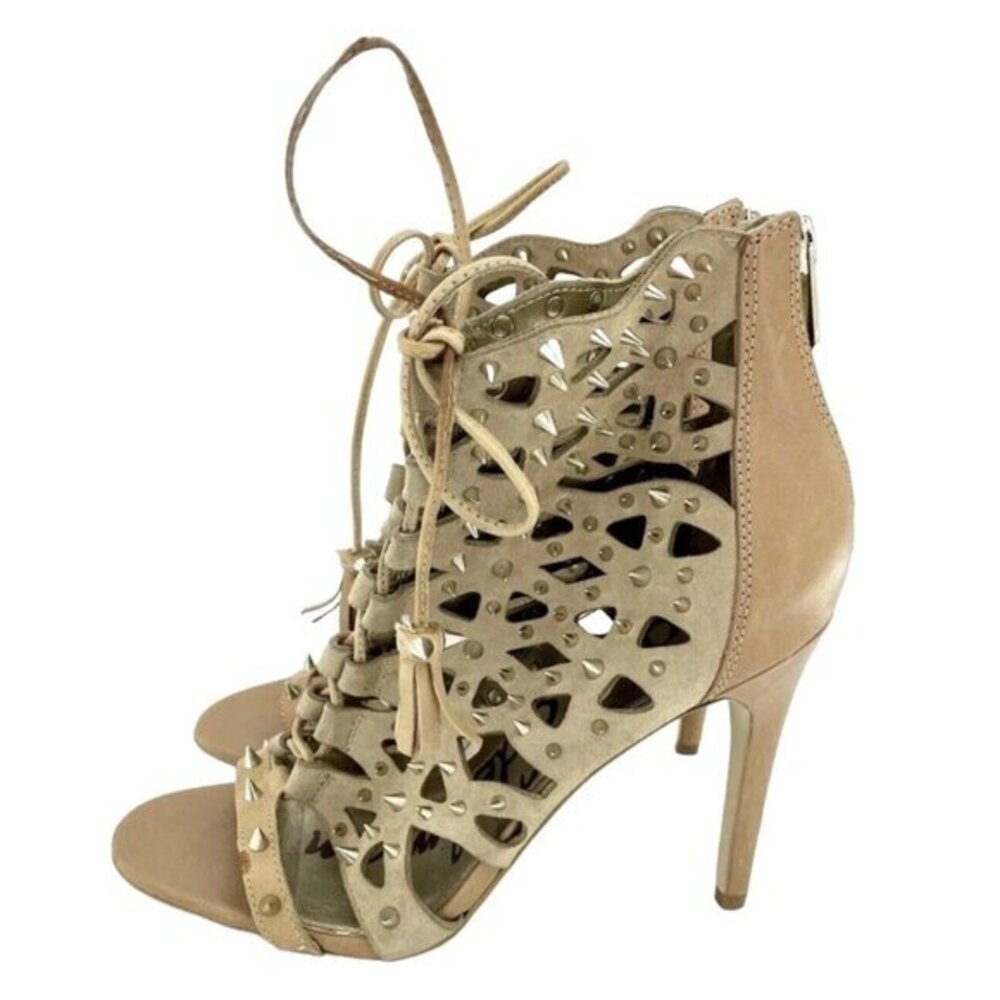 Sam Edelman Allison Open Toe Nude Laser Cut Ankle Spikes Shoes SZ 7.5 New